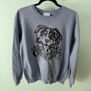 Champion Gray Dog Australian Shepherd Screen Print Graphic Sweatshirt Size M